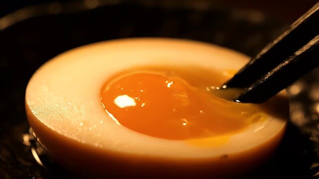 Soft-boiled egg with chopsticks picking up the yolk in a dark background
