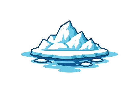 A cartoon illustration of a floating iceberg with a large white peak and chunks breaking off into the ocean water