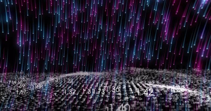 Triggered by descending light columns, numeric grid rippling and flickering visualizing live data