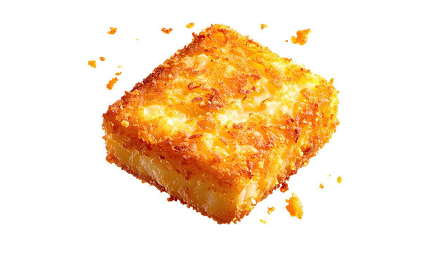 Crispy golden hash brown square on dark backdrop showcasing breakfast food photography