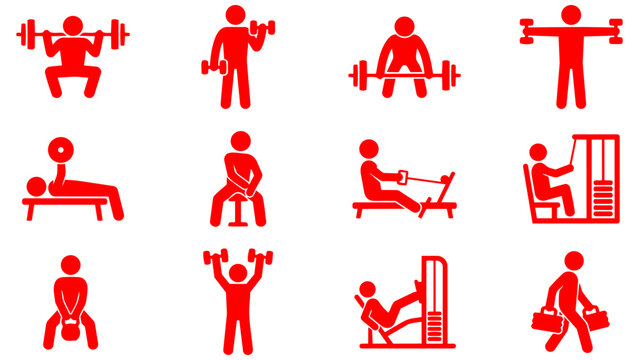 Stick figure icon set depicting various weight training and gym exercises . Ideal for fitness apps, gym websites, workout guides, and health-related design projects.