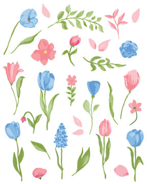 Bundle of pretty hand drawn, watercolor spring flowers with leaves and herbs. Set of various, vector botany cliparts.