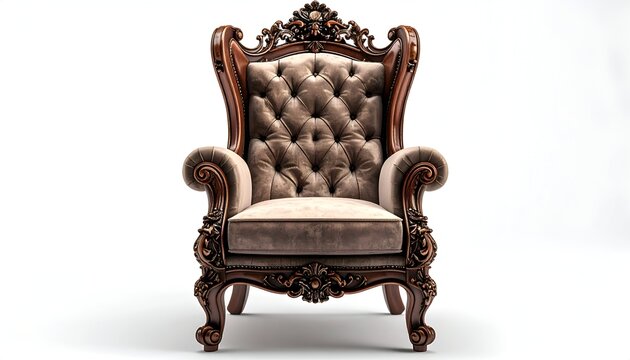 A luxurious, ornate armchair with a high back, button-tufted upholstery, and elaborate wooden carvings
