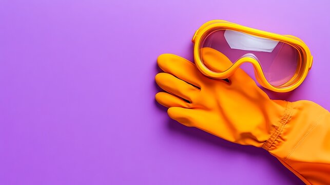 Orange Safety Gloves and Goggles on Purple Background