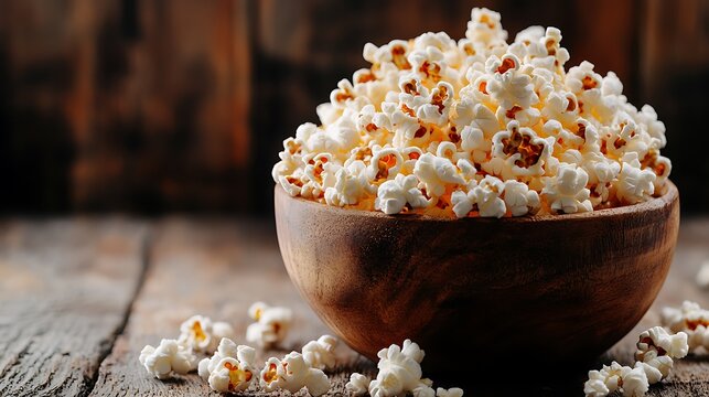 Wooden bowl overflowing with salted popcorn on rustic table, close-up