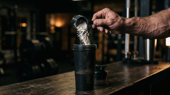 Muscular mans hand pouring protein powder supplement into a shaker bottle at the gym.