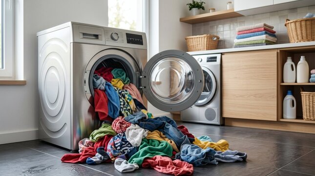 Overloaded washing machine with colorful clothes spilling out in a modern laundry room.