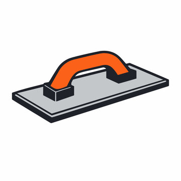 Isometric illustration of a hand trowel with orange handle and gray blade for smoothing surfaces
