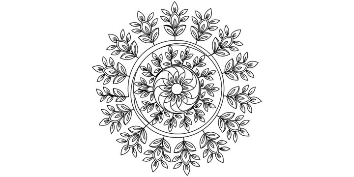 Continuous line drawing of floral mandala with leaf pattern ornament