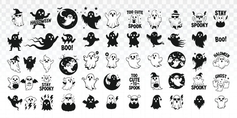 Obraz premium Halloween icon set with cute and spooky characters including ghosts, pumpkins, bats, witches, and skulls in clean vector style, ideal for stickers, party decor, seasonal designs, and creative projects