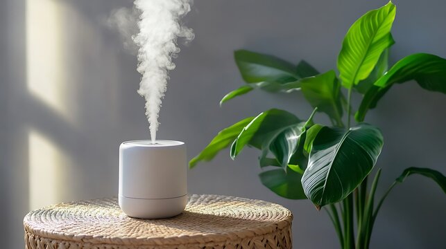 White ultrasonic humidifier emitting steam next to green plant on wicker table