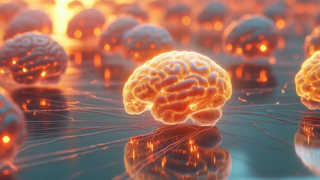 Various brain models are shown with glowing connections highlighting neural pathways and interactions in a digital space