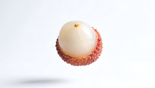 A peeled tropical fruit with a white orb of flesh emerges from a reddish-brown textured outer shell, on a plain background