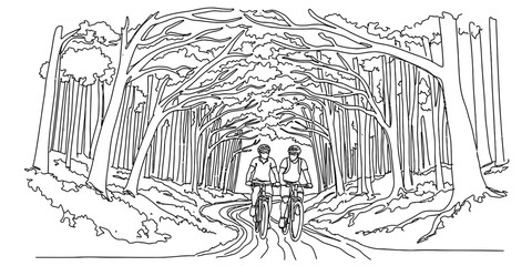 Naklejka premium Continuous Line Drawing of Two People Cycling Through a Forest