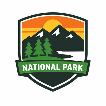 National Park scenic view with mountains, trees, and sunset, shield logo for conservation and outdoor activities