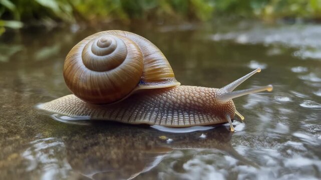 A serene macro shot of a snail slowly moving across a wet surface, highlighting its intricate spiral shell and clear reflection in the water.