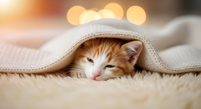 An adorable young white fluffy kitten with blue eyes is a beautiful domestic feline mammal and cute baby pet playing with a ball in this portrait of a kitty