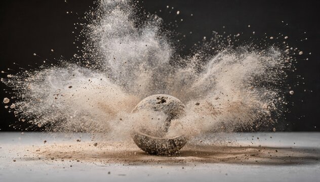 Medium shot showcasing a dust burst setup flying particles suspended in air around a focused prop rest hazy to highlight movement