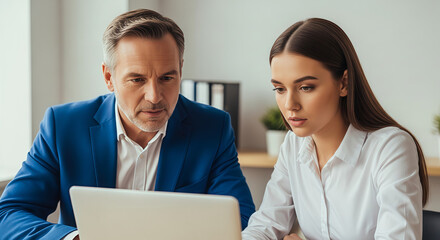 Obraz premium A man and woman looking at a laptop screen together in an office