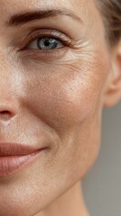 Obraz premium Close-up of a woman's face showing natural skin texture and fine lines around the eye