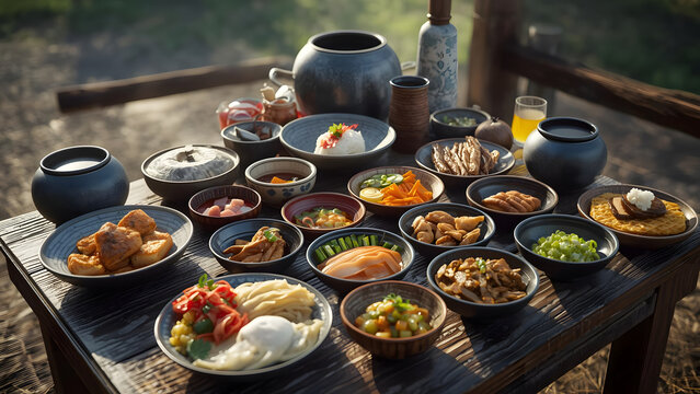 Abundant Asian Cuisine Feast on Rustic Table Outdoors