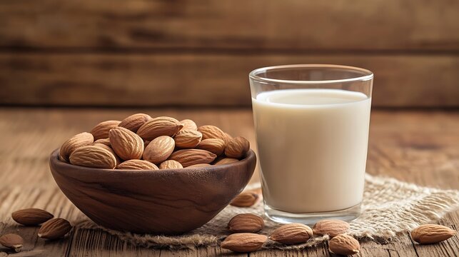 Almonds in wooden bowl with glass of almond milk on rustic table