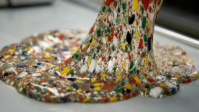 Closeup medium shot showing an expert hand blending colorful chips into a polymer base creating a textured and speckled plastic compound.