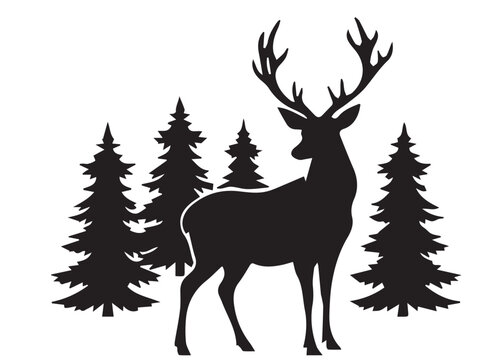 A wild brown buck with large antlers stands as a majestic reindeer silhouette in the winter forest nature illustration