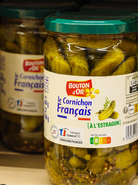 Bouton d'Or product in jar. Cornichons francais, french pickled cucumbers with tarragon