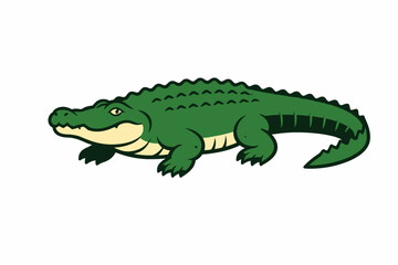 Obraz premium A cartoon green crocodile with a white underbelly and yellow eye on a white background