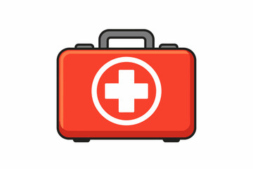 Obraz premium Red first aid kit box with white cross symbol on isolated background for medical emergency response