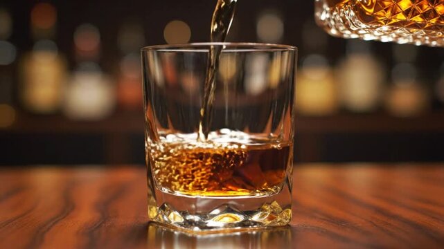Pouring Amber Whiskey into a Crystal Glass on a Wooden Bar with Blurred Background for a Delicious Cocktail