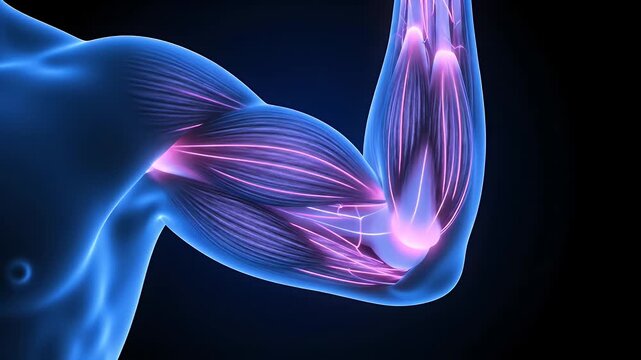 Close-up 3D Rendering of Human Arm Muscles Glowing with Energy.