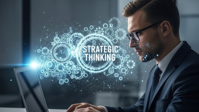 Businessman in glasses working on laptop with strategic thinking concept background