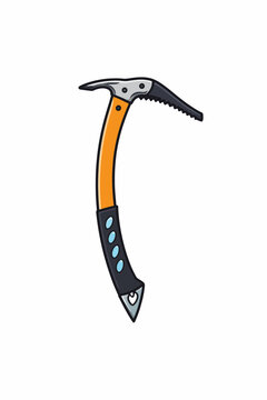 Cartoon illustration of a modern ice axe with orange and black handle for climbing and hiking in mountains