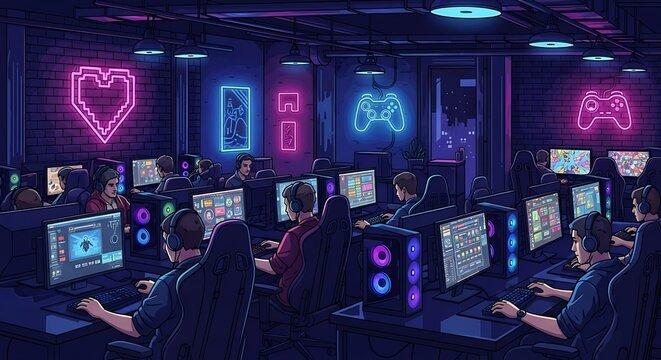 Young Gamers Focused at Computers in Neon Gaming Center