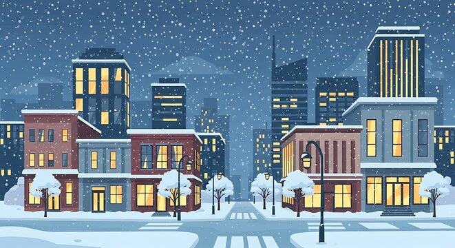 Snowy City Street Winter Night