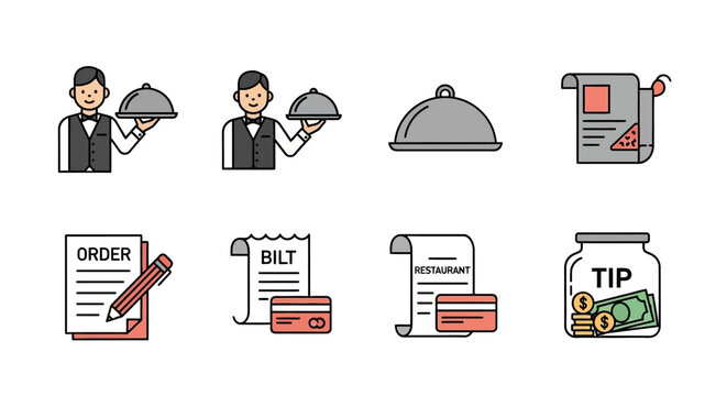 Restaurant service icons featuring waiter, bill, tip jar, and order forms.