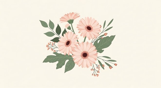 Soft Pink Gerbera Flowers Bouquet with Green Leaves