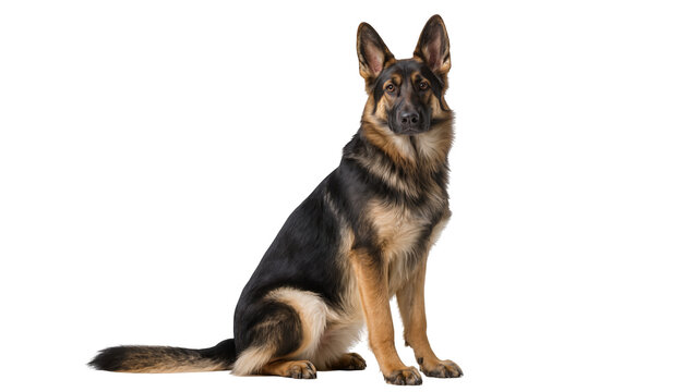 Isolated German Shepherd dog sitting and looking directly at the camera with an alert expression.