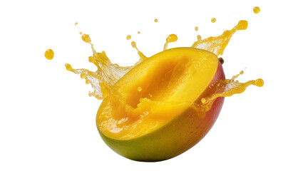 Isolated vibrant fresh mango fruit half with a dynamic juicy yellow splash explosion