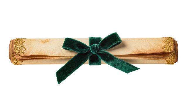 Isolated ancient parchment scroll with a luxurious green velvet ribbon and golden ornamental ends