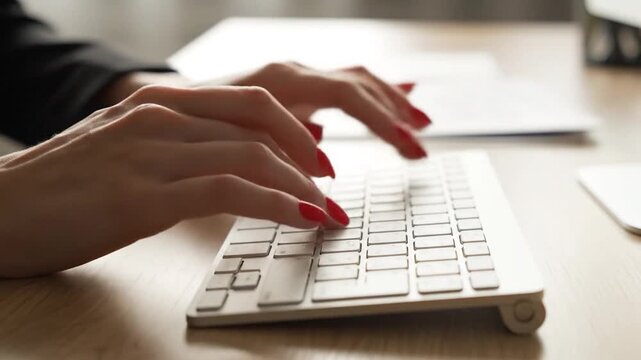 Close-up of hands typing on a modern keyboard with red nail polish