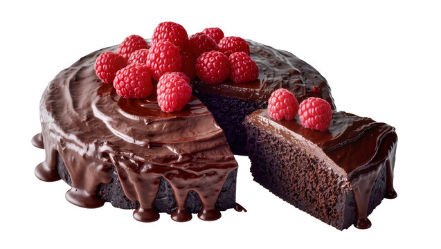 Isolated dark chocolate cake with a cut slice, fresh red raspberries, and rich ganache