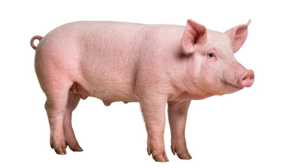 Isolated young pink domestic pig, healthy farm animal, standing in a clean side view © Maria