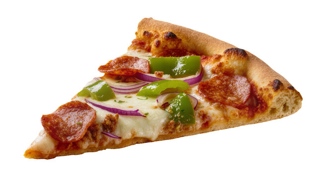 Isolated slice of delicious pizza with pepperoni, green peppers, red onion, and melted cheese