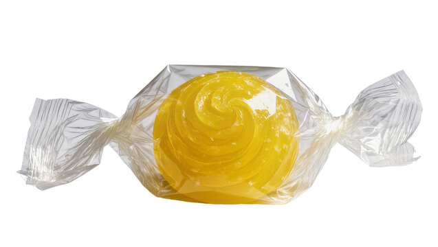 Isolated vibrant yellow round candy with spiral pattern, transparent wrapper, delicious treat