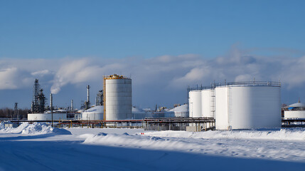 Obraz premium Industrial Plant with Storage Tanks and Processing Units in Snow-Covered Winter Landscape Under Clear Blue Sky with Clouds