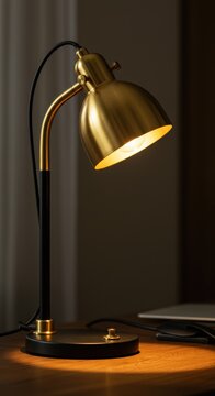 暗い部屋の木製デスクを照らす点灯中の真鍮製デスクランプ。背景にノートパソコンが見える深夜のホームオフィス環境