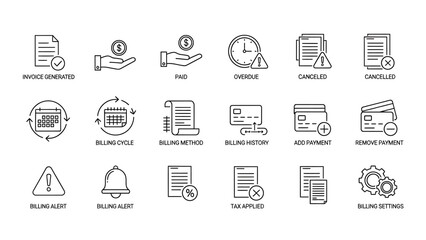 Fototapeta premium Financial Management Icons Invoice, Payment, Billing Cycle, and Credit Card Icons for Business and Technology Applications